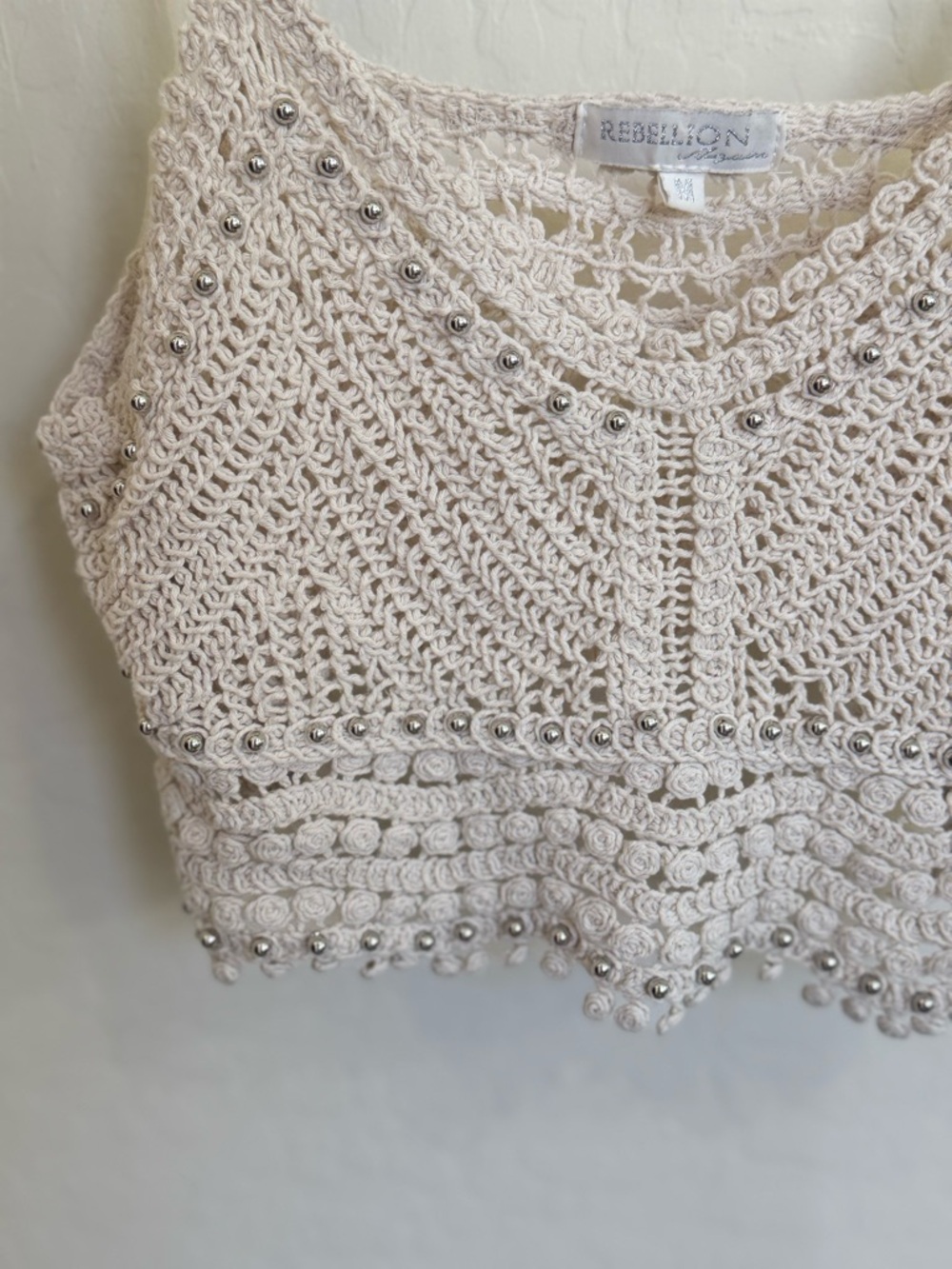 Rebellion Again Cream Crochet Beaded Crop Top Boho Cottagecore Medium - Picture 4 of 8